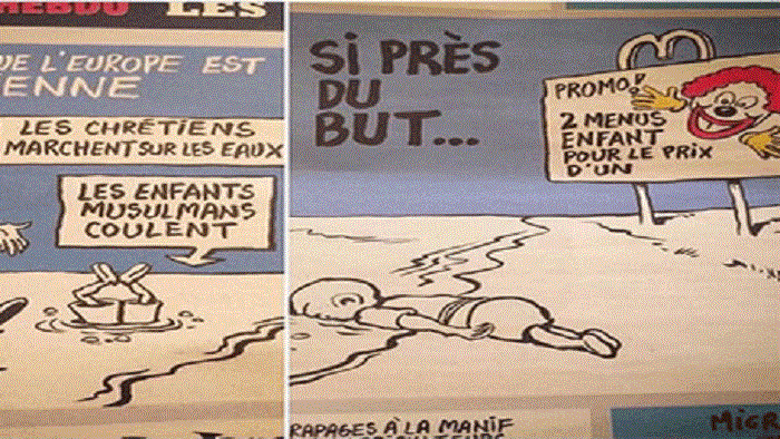 شارلي إيبدو تنشر صور كاريكاتورية مسيئة للطفل السوري الغريق