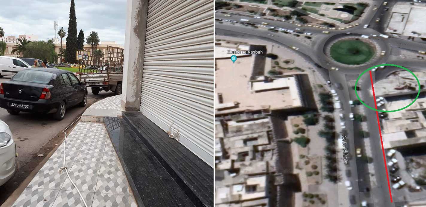 هذه العمارة كائنة قبالة مفترق باب القصبة على مستوى شارع 18 جانفي وشارع فرحات حشاد، حيث أن رصيفها لا يتجواز المتر الواحد .