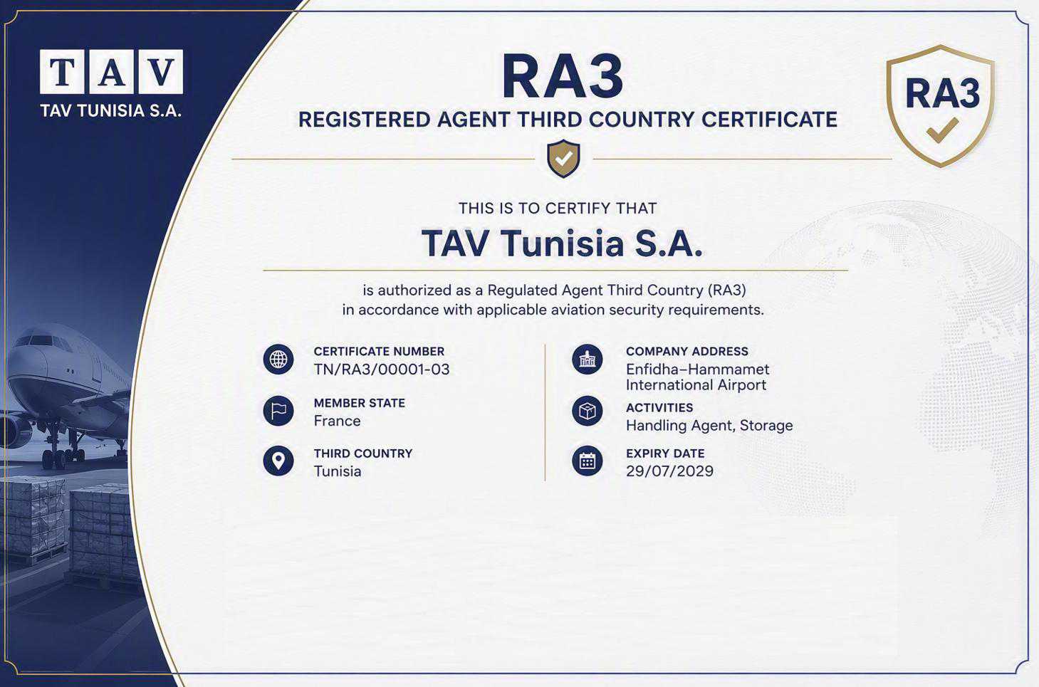 TAV Tunisie obtient la certification RA3 pour ses opérations de fret à l'Aéroport International Enfidha–Hammamet