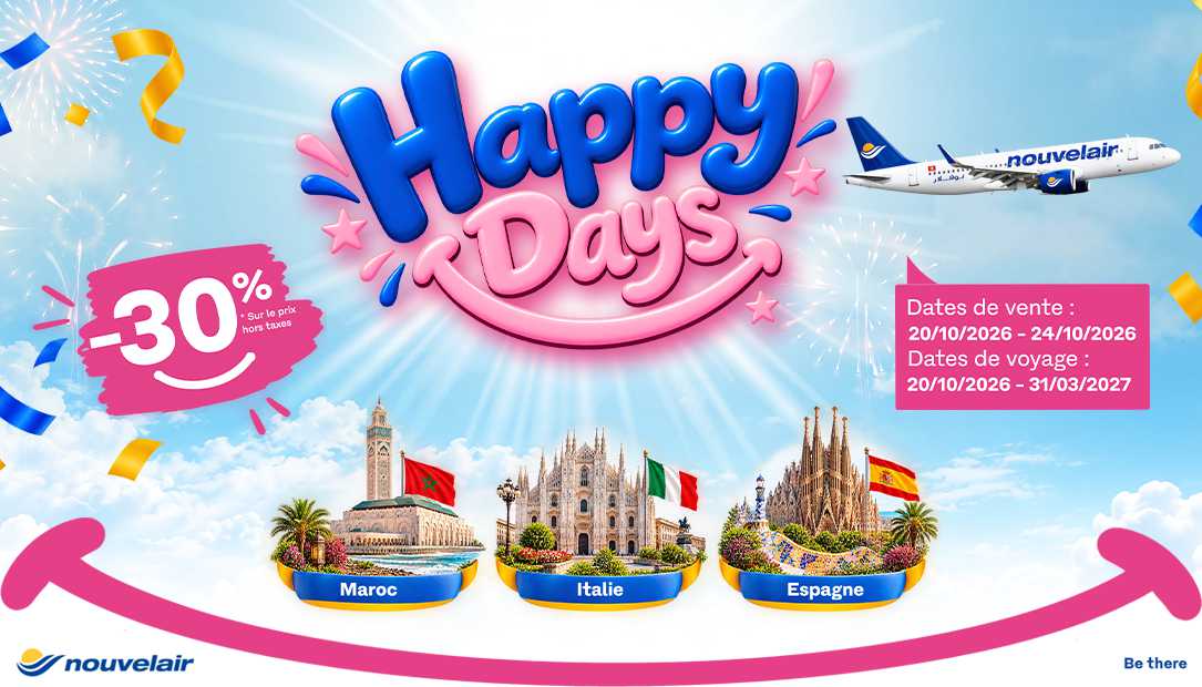 CP : Nouvelair poursuit sa promo « Happy Days » : l’Espagne, l’Italie et Le Maroc à -30%